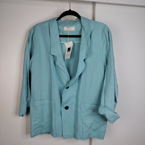 Jackets & Blazers - NEW Silvo Design Aqua Blue Linen 2 Button Front Blazer Jacket Women’s Sz S